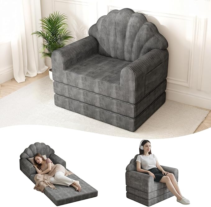 Folding Sofa Bed with Back Support 2-in-1 Convertible Futon Sleeper Chair for Adult 75 D x 34 W Fold Out Bean Bag Floor Foam Lounger Couch for Living Room Bedroom Small Space Grey