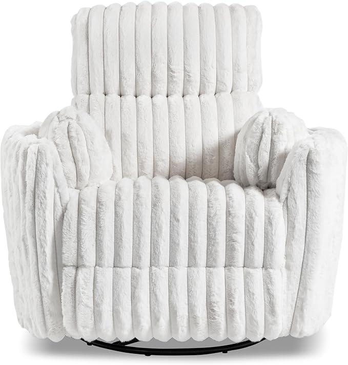 Furniture of America Vyrinor Modern Chenille Power 220° Swivel Recliner Chair with Pillows Reclining Glider Comfy Sofa Wooden Comfortable Couch for Living Room Nursery Home Theater White
