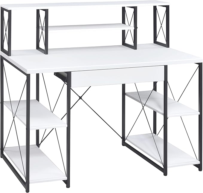 White and Black Office Desk with Open Shelves