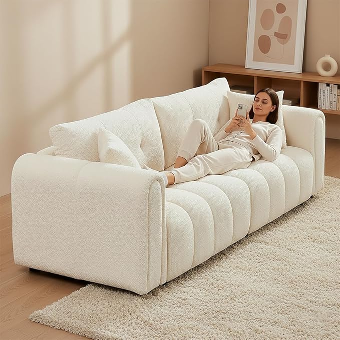 91.5 W Cloud Boucle Sofa for Living Room Modern Comfy Boucle Couch with Rolled Arms and Soft Pillows Teddy Oversized Loveseat for Apartment Studio Bedroom Cream White