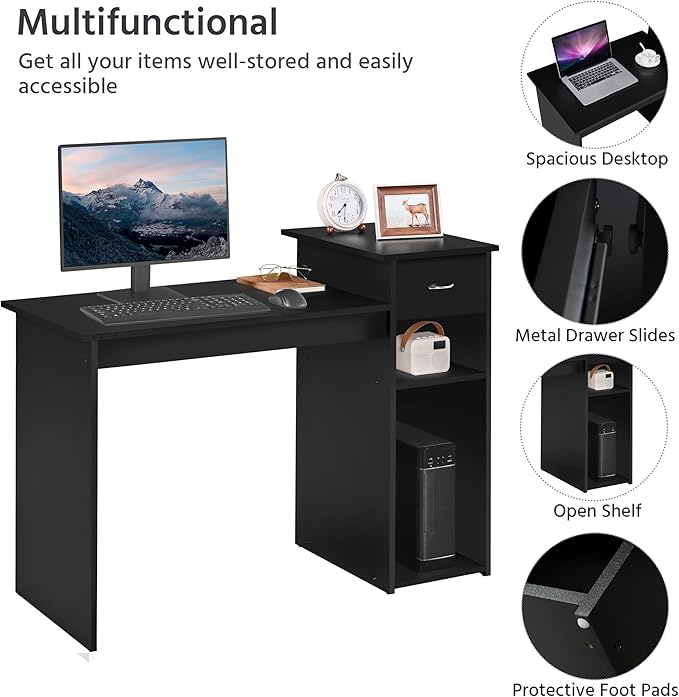 Yaheetech Home Office Computer Desk with Storage Drawer and Monitor Stand Wooden PC Laptop Table Modern Simple Style Computer Workstation for Study Writing Black