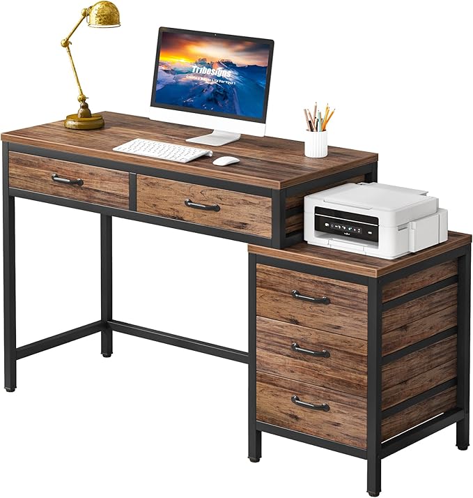 Tribesigns Computer Desk with 5 Drawers Home Office Desks with Reversible Drawer Cabinet Printer Stand Industrial PC Desk with Storage Rustic Study Writing Table Workstation for Small Spaces