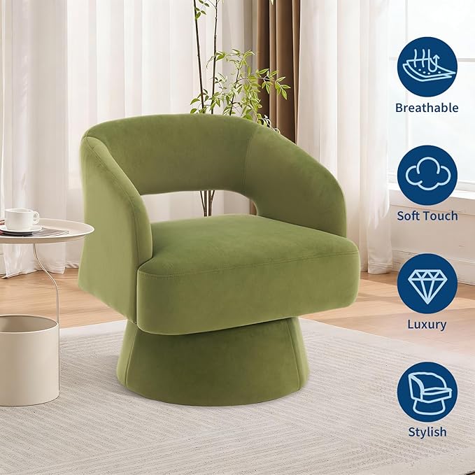 Comfy Swivel Barrel Chair for Living Room - Modern Upholstered Accent Chair with Teddy Fleece Hollowed Back &amp 360° Swivel Base Small Round Chair for Bedroom Reading Nook Office Green