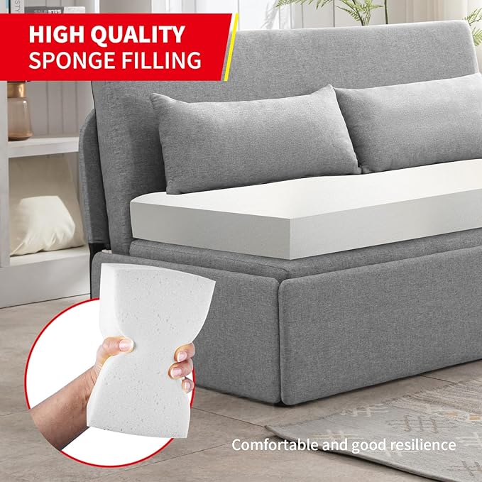 PUREMIND Queen Size Pull Out Sleeper Sofa Bed Linen Convertible Sofa Bed with Foldable Mattress Loveseat Couch Pull Out Bed with 2 Cushions for Small Place Apartment Office Grey