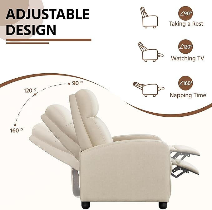 Yaheetech Modern Fabric Recliner Chair Sofa Adjustable Single Sofa with Thicker Seat Cushion and Backrest for Living Room Home Theater Beige