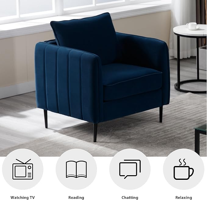 Velvet Accent Chair Comfy Upholstered Armchair Living Room Single Reading Chair with Metal Legs for Living Room Bedroom Office (Navy Chair)