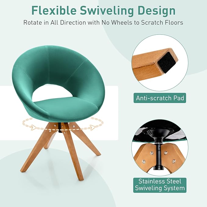 Giantex Swivel Accent Chair Modern Office Chair with Wood Legs Oversized Upholstered Seat Round Tufted Back Velvet Vanity Chair for Living Room Bedroom Green