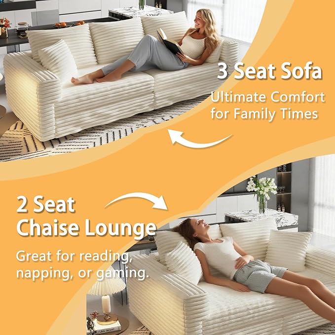 82.7'' Oversized Corduroy Couch Modular Sectional Sofa with 3 Ottomans Sleeper Sofa Bed Full Size Upholstered 3 Deep Seat L Shape Sofa Convertible Cloud Couches for Living Room Beige