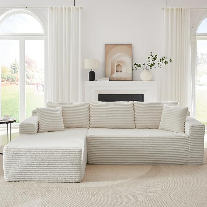 105 Inch Cloud Sectional Couch Modular Sectional Sofa with Deep Seat Corduroy Boneless Couches with L-Shape Chaise for Living Room Bedroom Left Facing Chaise No Assembly Required (White)