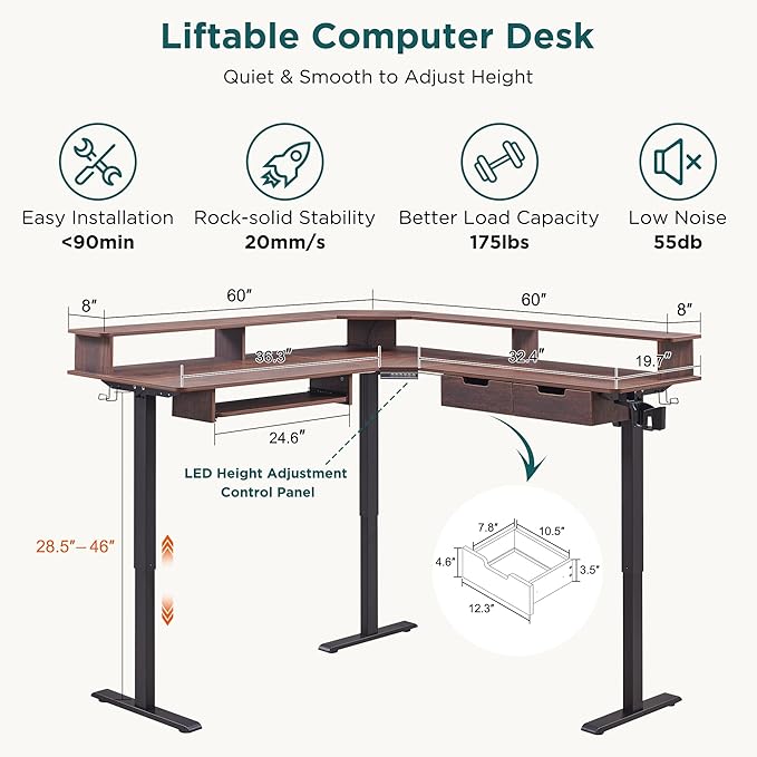 RedLemon 60 Inches L Shaped Electric Standing Desk Height Adjustable Corner Gaming Desk with Drawers Keyboard Tray Power Outlets &amp LED Lights Computer Desk with Monitor Shelf Dark Walnut