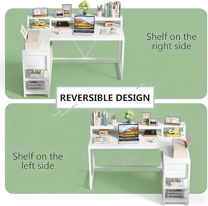 55 L Shaped Office Desk with Drawers &amp Storage Reversible Executive Office Desk with 4 Shelves Large Corner Computer Desk with Elevated Monitor Stand for Home Office Gaming (White)