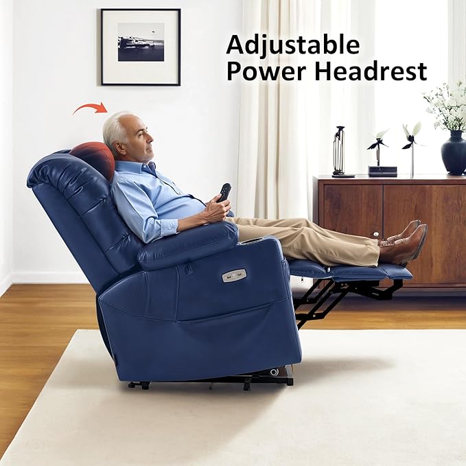 MCombo Triple Motor Power Lift Recliner Chair with Massage and Dual Heating Adjustable Headrest for Elderly People Faux Leather 7632 (Blue Medium)