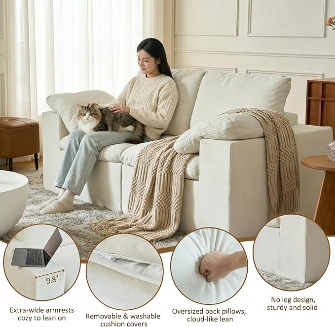 ANONER 78 Loveseat Sofa Deep Seats Cloud Sectional Couches for Living Room 2 Seater Boneless Couch Modern Modular Loveseats No Assembly Beige | Adjustable Backrest Premium Chenille 29.3 Deep