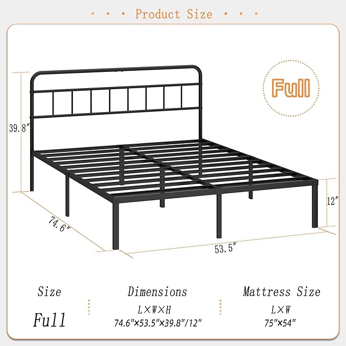 12 inches Full Size Bed Frame with Minimalist headboardMetal Platform Base with Strong Metal SlatsMattress Foundation for Under Bed StorageEasy AssemblyBlack