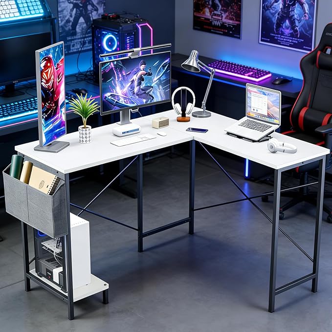 L-Shaped Home Office Computer Desk Gaming Desk with CPU Stand Shelf and Hanging Storage Pocket Corner Student Study Writing Table Sturdy Metal Frame 43.3 D x 50 W Classic White