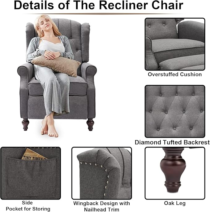 IPKIG Recliner Chair with Heated and Massage Tufted Button Wingback Design Push Back Chair Recliners Armchair Accent Chairs with Side Pockets for Living Room Bedroom Home Office (1 Grey)
