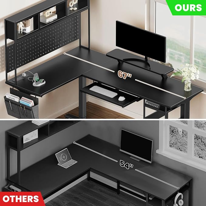 Flycity Electric L Shaped Standing Desk Adjustable Height 67 x 47 Corner Computer Desk with Host Shelf Gaming Desk with LED Lights &amp Power Outlet Dual Motor Home Office Desk with Storage Bla