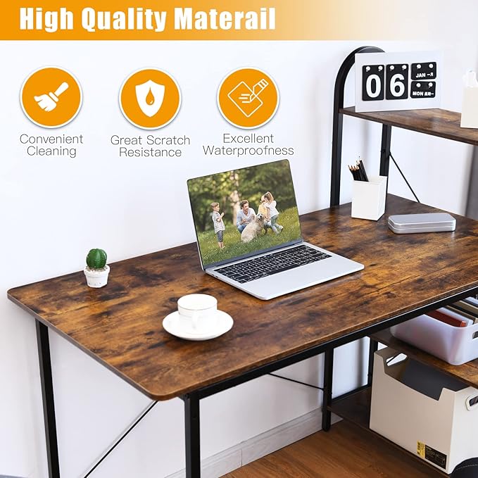 Tangkula 48-Inch Reversible Computer Desk with Storage Shelves Home Office Study Writing Desk with Bookshelves Writing Computer Workstation Home Office Desk (Rustic Brown)