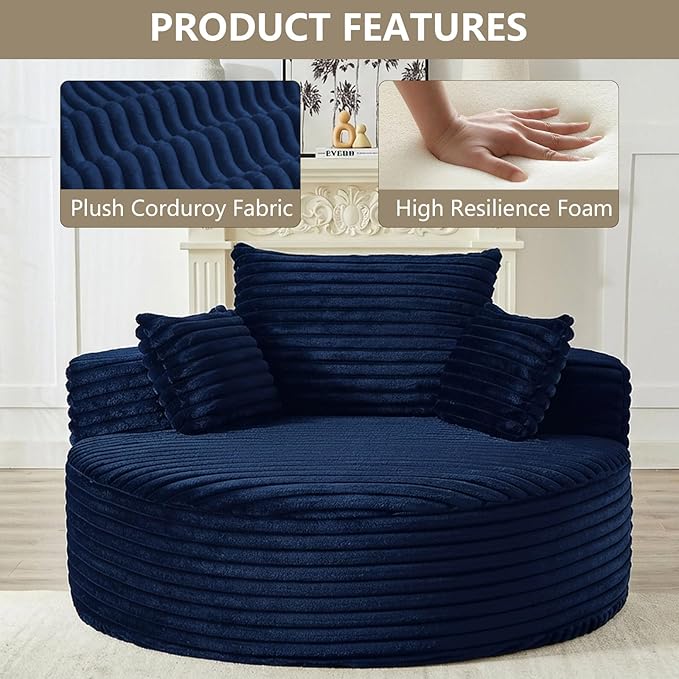 55 L Corduroy Sponge Single Sofa Oversized Round Chair Fluffy Modern Sleeper Chairs for Living Room Lounge and Projection Room Wide Armrest Lounge Chairs Armchair with Pillow Blue