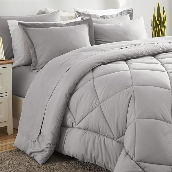 CozyLux Queen Comforter Set French Grey - Bed in a Bag Queen Size 7 Pieces Luxury Soft Bed Set for All Seasons Bedding Set with Down Alternative Comforter Sheets Pillowcases &amp Shams