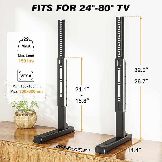 Universal TV Stand Mount for 24-80 inch Flat or Curved TVs Height Adjustable TV Legs Steel Table Top TV Base Holds up to 150 lbs Replacement TV Feet with Cable Management Max VESA 800x500mm Black