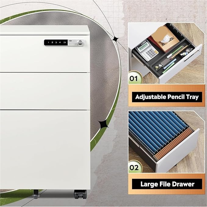 Mobile File Cabinet 3 Drawer File Cabinet W/Combination LockFully Assembled Metal Filling Except Wheels Mobile Under Cabinets(Black)