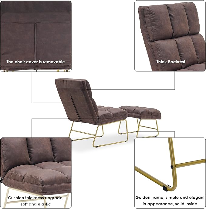 MCombo Accent Chair with Ottoman Set Modern Armless Chair for Living Room Bedroom Small Space 4013 (Heat-Stamped Fabric Dark Brown)
