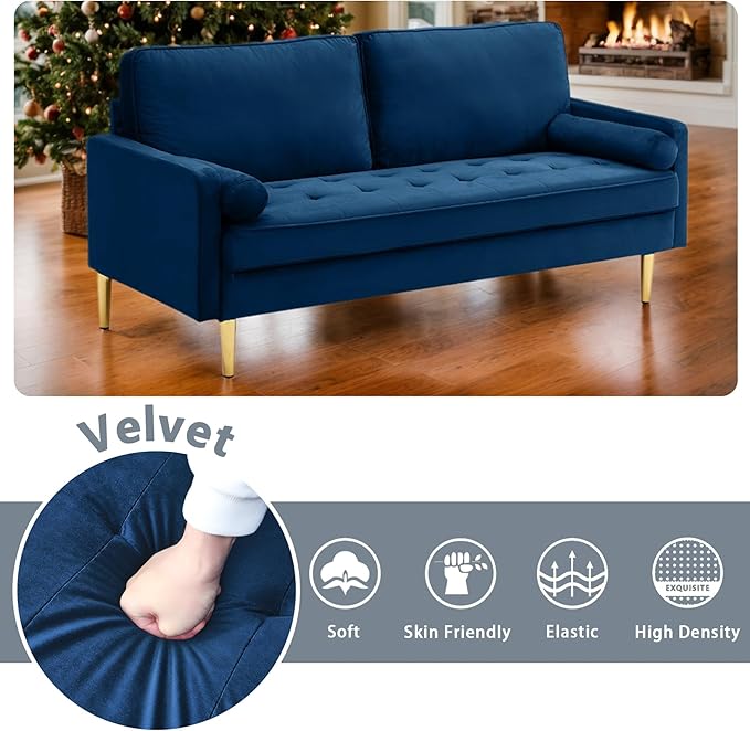 65 Inch Green Velvet Couch Small Loveseat Sofa &amp Office Sofa for Small Space Couch for Bedroom Livingroom 2 Pillows Gold Legs Tufted Seat (Navy)