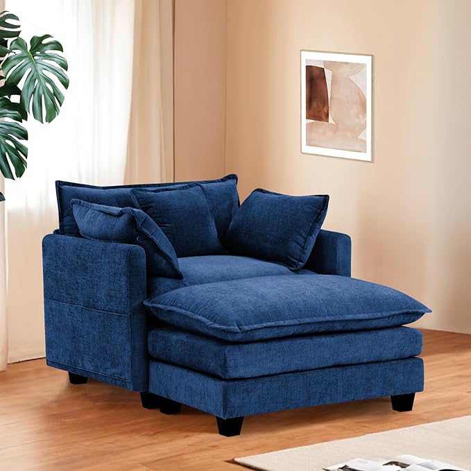 Furniliving Oversized Accent Chair with Ottoman Luxury Chenille Single Sofa Upholstered Deep Seat Chaise Lounge with Pillows for Living Room Bedroom Apartment Blue