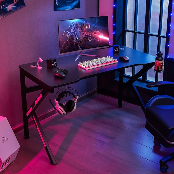 Tangkula 48 Inch Gaming Desk K-Shaped Racing Style PC Computer Desk with Cup Holder &amp Headphone Hook Gamer Workstation with 2 Cable Management Holes Ergonomic Home Office Desk for Gaming (Black