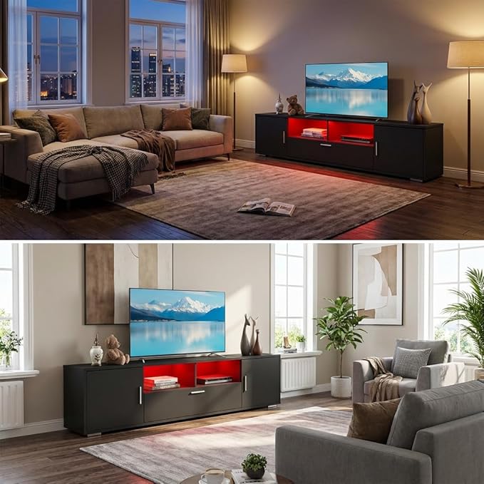Modern Black TV Stand for TVs up to 75 Inches – LED Light Entertainment Center with Drawer &amp Cabinets Media Console with Storage Shelves for Living Room