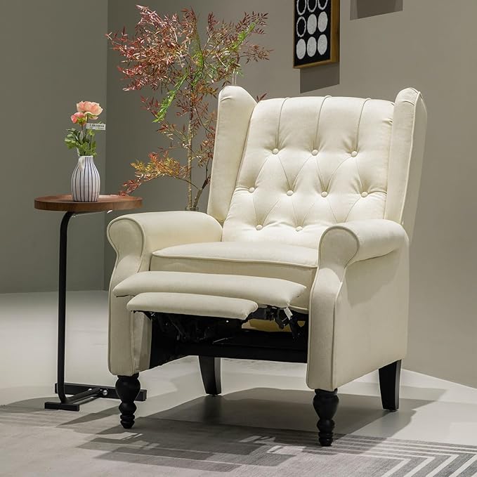 Recliner Wingback Chair Modern Linen Fabric Push Back Recliner Chairs Linen Fabric Single Sofa Lounge Chair Manual Recliner Chai for Adults Living Room Bedroom (Beige)