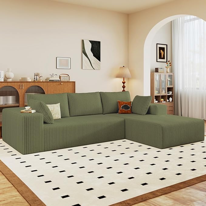 96 Modular Sectional Sofa Modern Corduroy Cloud Couch with Deep Seat Boneless Couch Upholstered 3-Seater L-Shaped Sofa for Living Room No Assembly Required (Green Right-Facing Chaise)