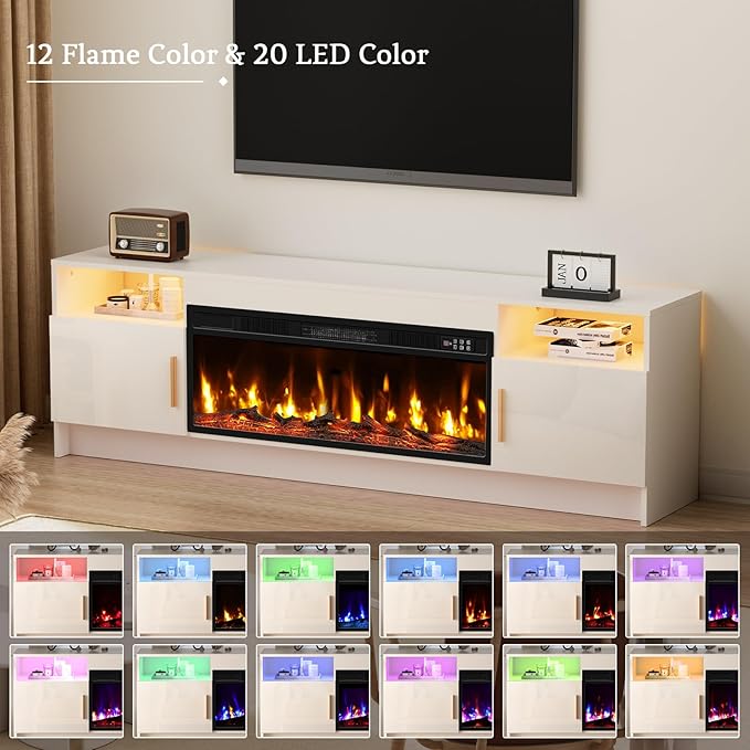 70'' TV Stand with Fireplace Realistic 3D Log Flame White Entertainment Center for 80 inch TV- TV Cabinet with LED Light High Glossy Door Modern TV Console for Living Room