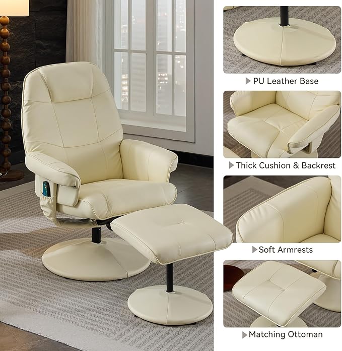 Ergonomic Recliner Chair with Ottoman for Adults 360° Swivel Massage Lounge Chair with 5-Point Vibration &amp Heated Seat140° Adjustable PU Leather Recliner for Living Room Office (Beige+PU Leather