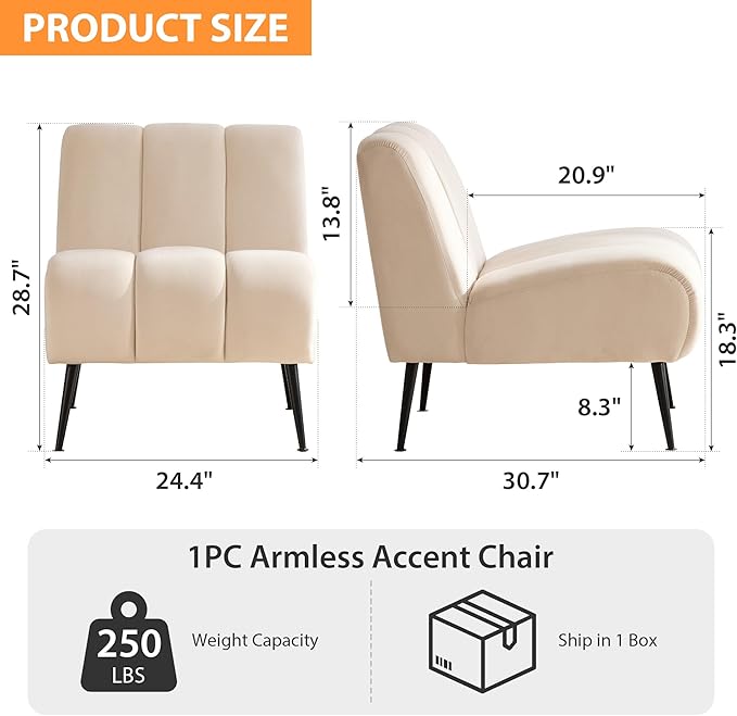 Chifee &amp Vingol Armless Accent Chair Modern Living Room Chairs Upholstered Bedroom Accent Chairs Comfy Makeup Vanity Chair Armless Chair with Metal Legs for Bedroom Office CafeBeige