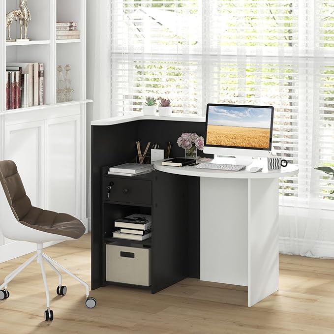 MAT EXPERT Reception Desk Front Desk with Open Shelves Lockable Drawer Round Tabletop Checkout Counter Retail Counter Computer Workstation for Office (Black Cabinet &amp White Desktop)