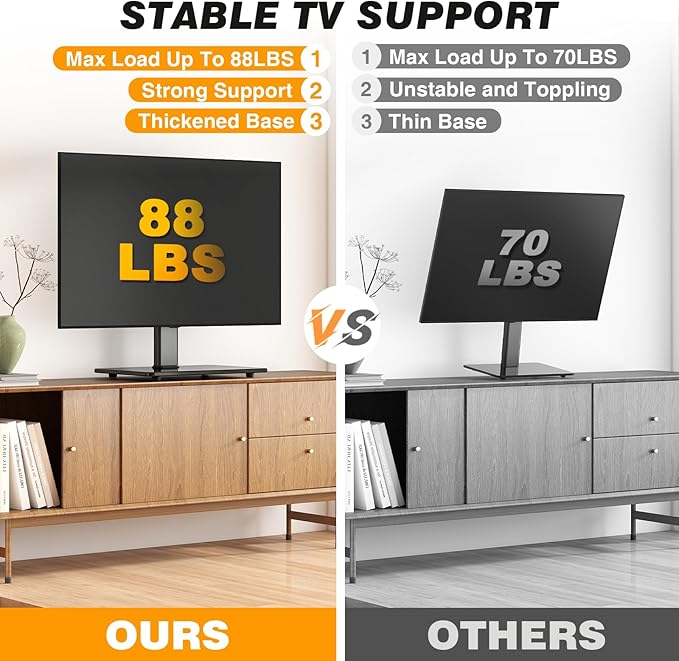 5Rcom Universal Swivel TV Stand for 27-60 inch Curved/Flat Screen TVs Table Top TV Base Replacement Holds up to 88 lbs Height Adjustable TV Stand Mount with Tempered Glass Base MAX VESA 400x400mm