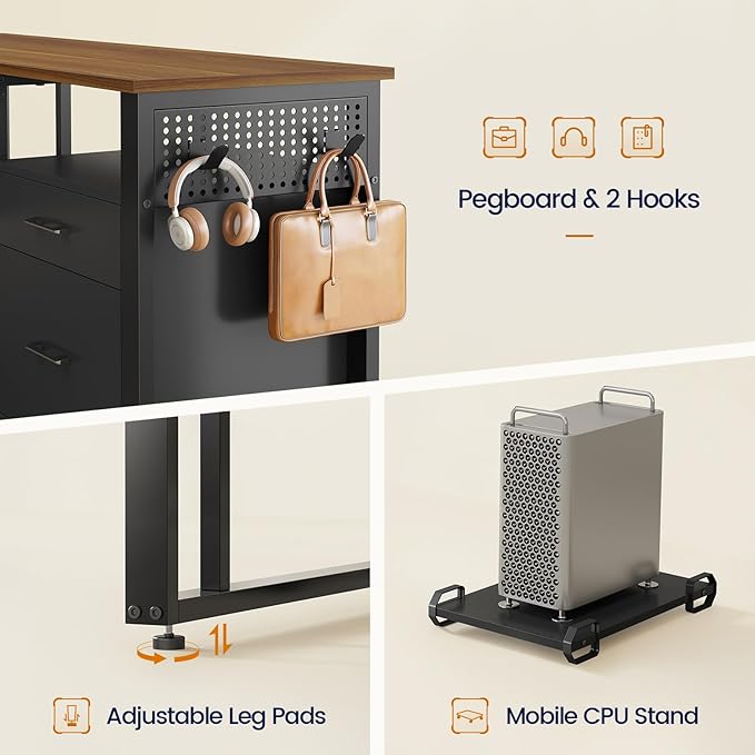 71 in Executive Desk with Power Outlets Reversible L Shaped Computer Desk with File Drawers &amp Storage Shelves Large Office Desk with Pegboard Mobile CPU Stand Modern Corner Desk (Walnut)