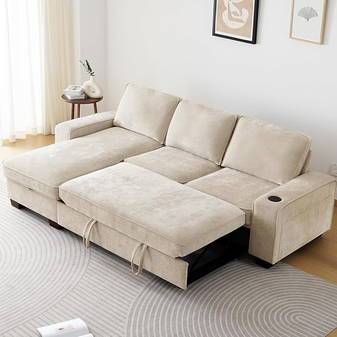 ASHOMELI 99 Convertible Sleeper Sofa BedL Shaped with Storage Chaise Pull Out Couch for Living RoomUSB and Type-CRemovable Washable Chenille Covers (Beige)