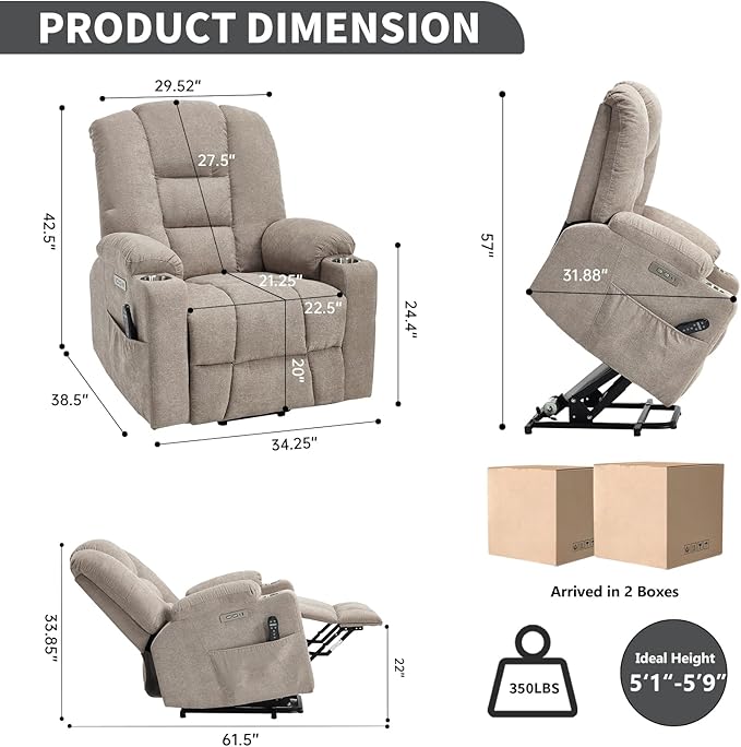 Power Lift Chair with Massage &amp Heat Electric Recliner Chairs for Adults Remote Control Sofa for Living Room Standing Assistance USB Ports Stainless Steel Cup Holders (Khaki)