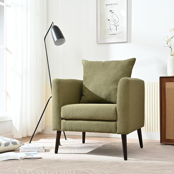 TRIPLE TREE Modern Accent Chair Upholstered Tufted Side Chair Single Chair Mid Century Reading Chair Armchair with Solid Wood Legs for Living Room Bedroom Study Waiting Room (Olive Green)
