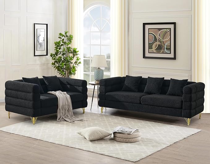 Antetek 81-inch Couches + 60-inch Loveseat Sofa for Living Room Modern Teddy Fabric Upholstered Sofa Couch with Square Arm and 4 Golden Metal Legs for Living Room Office Apartment