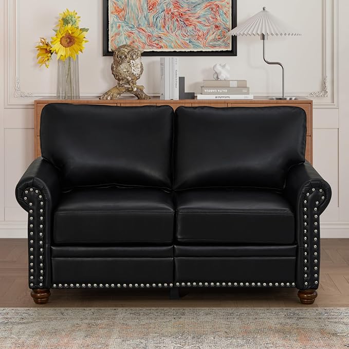 KEIKI 59.45 Chesterfield Sofa Retro Style Upholstered Faux Leather PU Couch with Storage Space Rolled Arm Nailhead for Living Room Bedroom Office Apartment Black