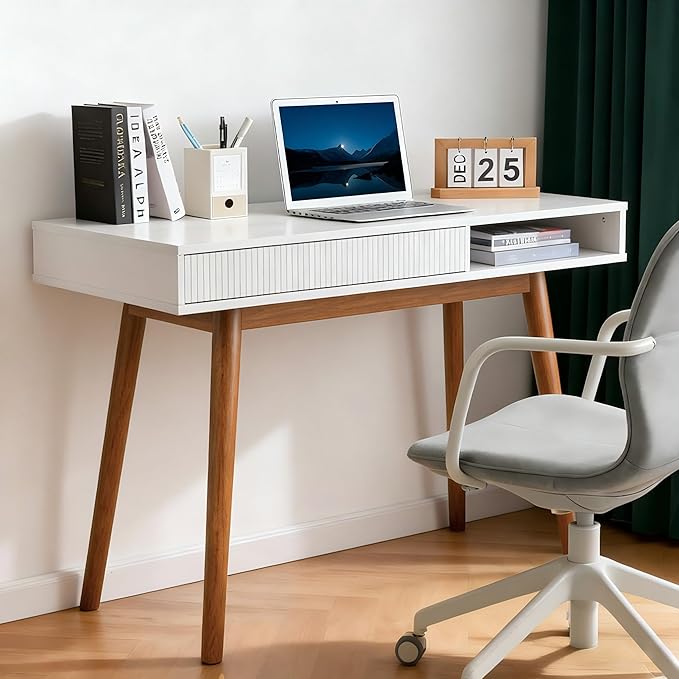 Artswish White Writing Desk with Drawers Mid Century Modern Desk Wood Office Computer Desks for Small Space White Desks with Walnut Legs