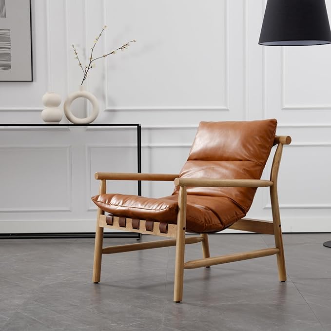 Modern Faux Leather Accent Chair Solid Wood Lounge Chair with Removable Cushion Low Back Reading Chair for Living Room/Bedroom/Balcony Brown Sofa Armchair (Easy Assembly)