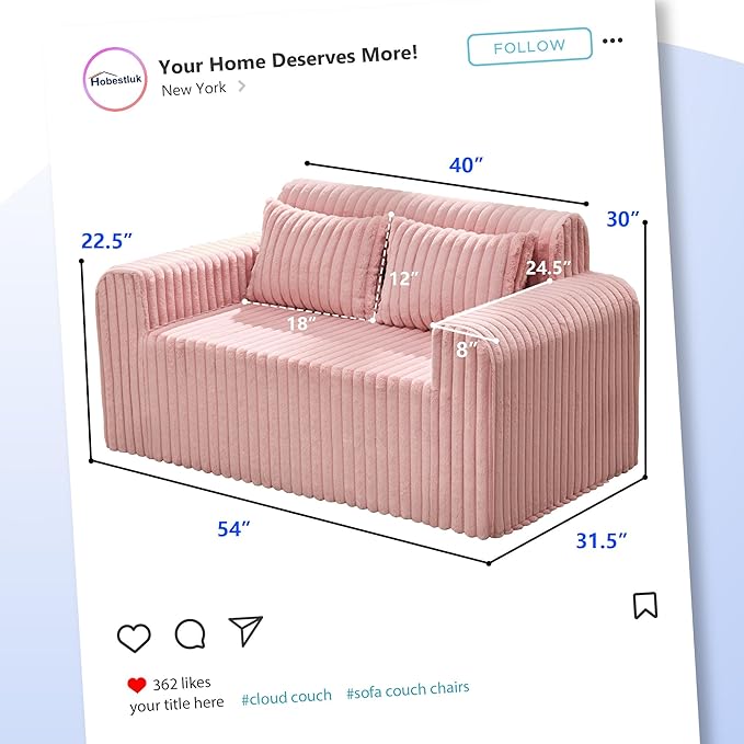 Hobestluk Couch Sofa 2-Seater Foam Sofa Loveseat for Small Spaces Comfy Sofas with Removable Cover Furry Couch with Pillows for Living Room Bedroom Apartment Office (Pink Loveseat)