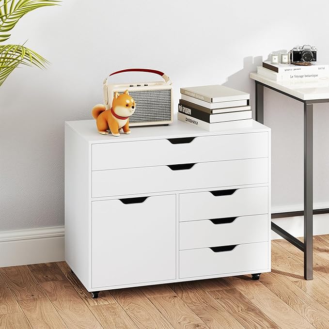 MAT EXPERT 5-Drawer Mobile File Cabinet w/Door Lateral Filing Cabinet w/5 Universal Wheels Rolling File Cabinets with Storage Modern Wood Printer Stand for Home Office Living Room Study (White)