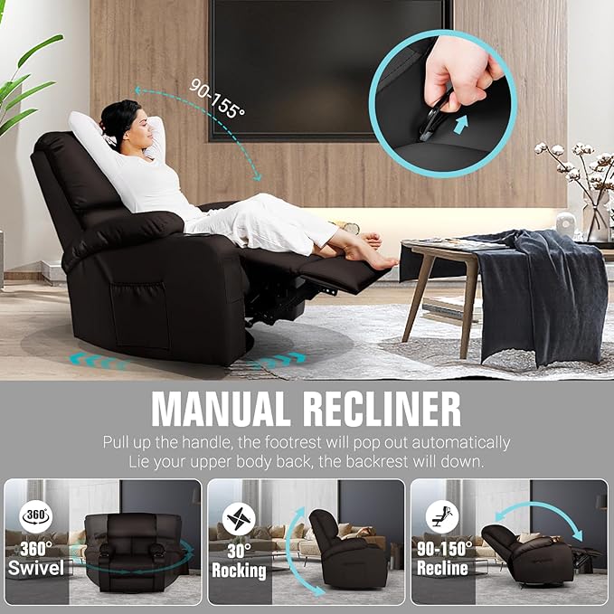 LEVELEVE Rocking Recliner Chair Massage Rocker Recliner Chair with Vibration Massage and Heat360° Swivel Recliner Chairs Living Room Bedroom Nursery RV Brown