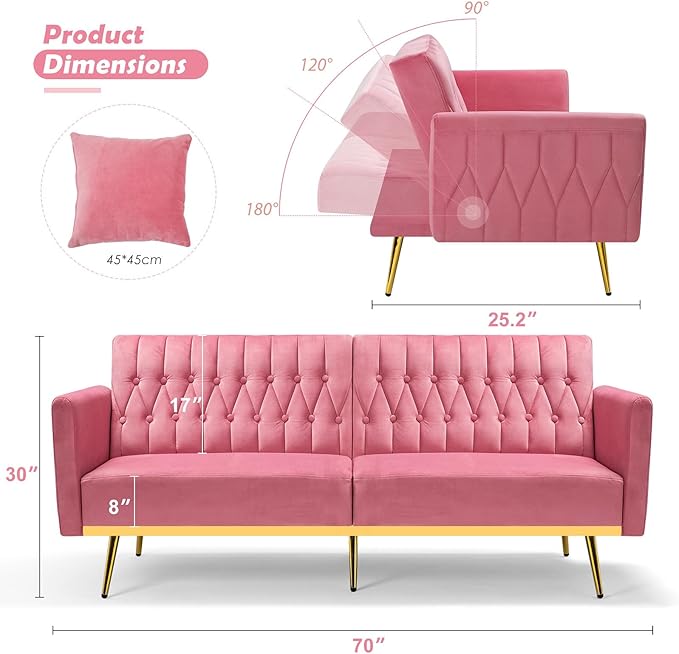 70 Velvet Futon with Adjustable Backrest and Armrests Sofa Bed with Extra Pillows for Waiting Room Living Room and Office Pink